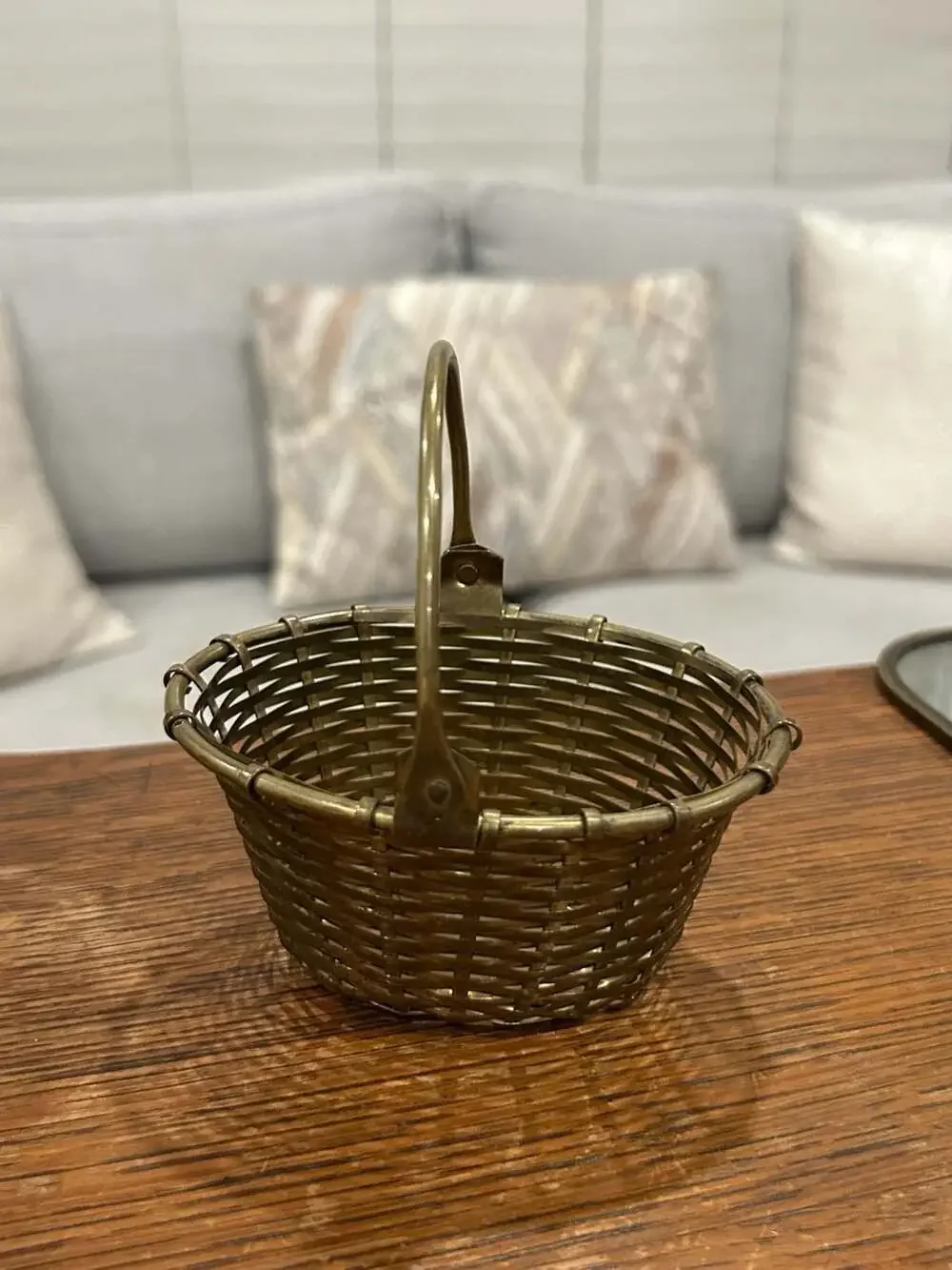 Vintage Small Woven Brass Basket with Movable Swivel Handle